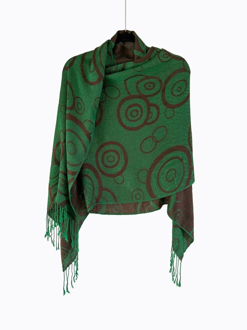 Vtg Pashmina Silk Blend Scarf Green Brown Circle Print Whimsigoth Fringe Shawl